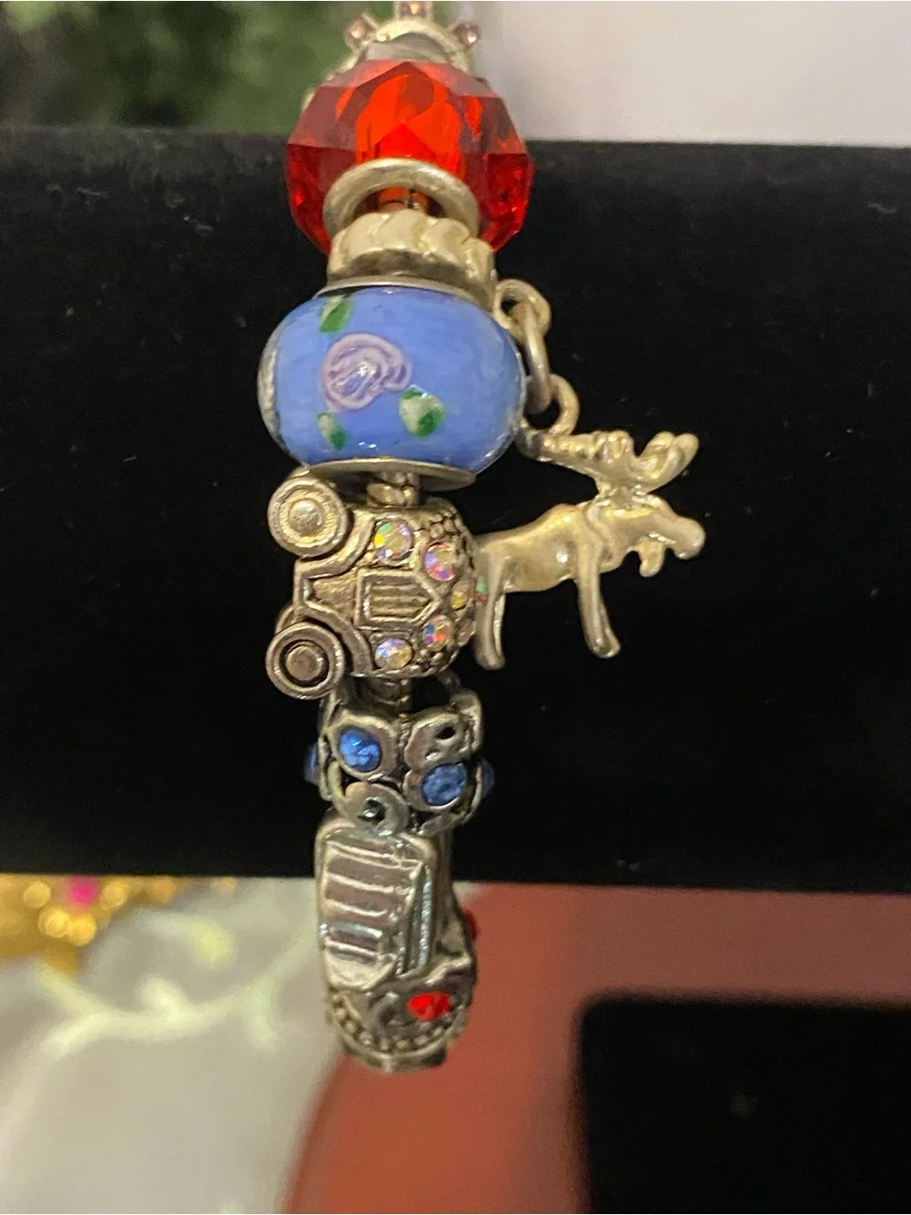 Vintage European Loaded Charm Bracelet Multi-Color Rhinestones & Lampwork Glass